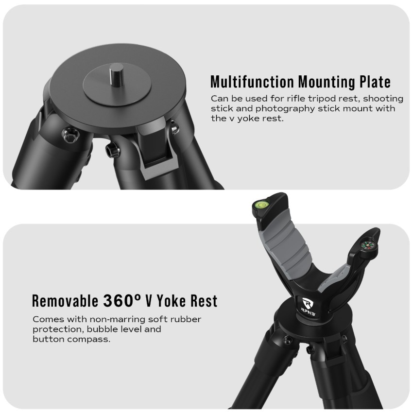 RPNB Shooting Tripod with 360°V Yoke Rest, Shooting Sticks with Bubble Level,Button Compass for Hunting, Black