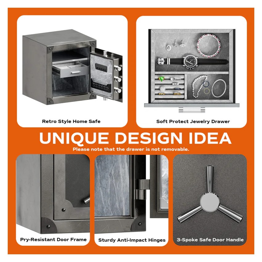 RPNB Large Home Fingerprint Retro Style Biometric Safe Box with Jewelry Drawer, 1.68 cuft-RPFV45