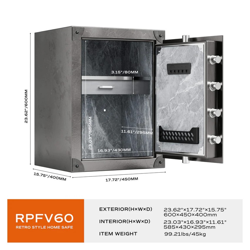 RPNB Large Home Biometric Retro Style Fingerprint Safe Box with Jewelry Drawer, 2.62 cuft-RPFV60