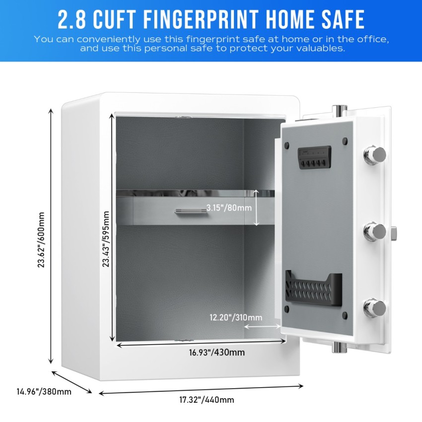 White Fingerprint Home Safe With Touchscreen Keypad, Deluxe Nightstand Safe, 2.8 Cubic Feet, RPNB RPHS60W